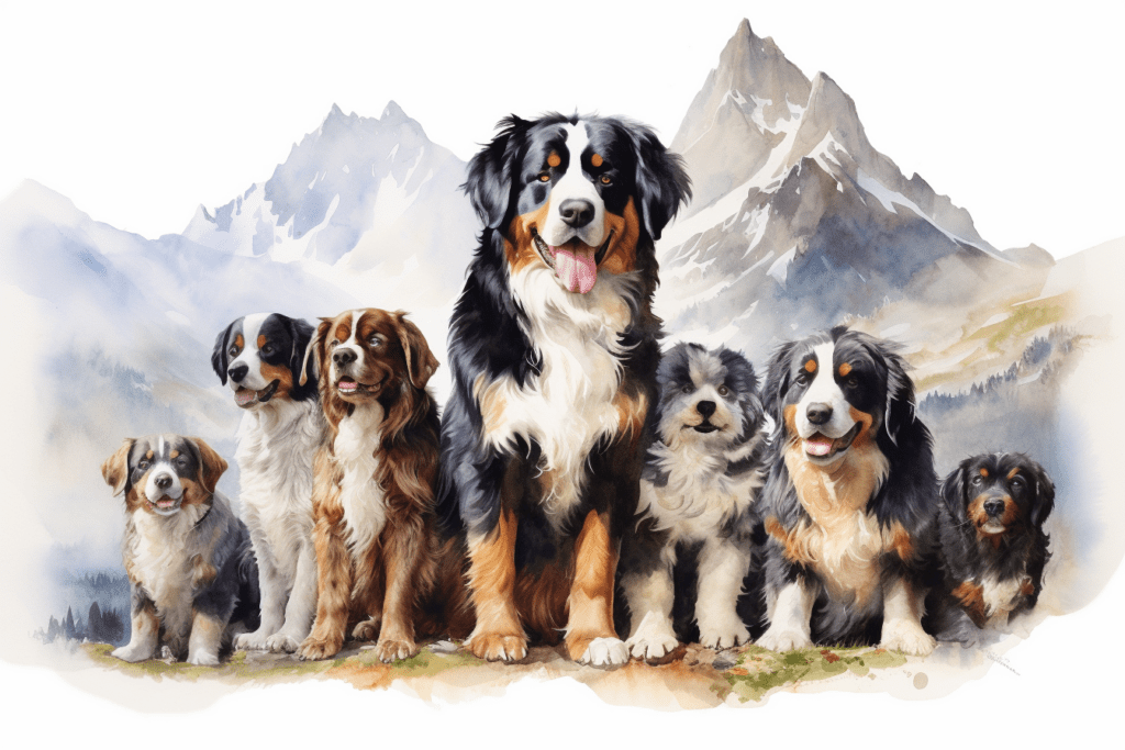 Bernese Mountain Dog group of many watercolour copyright sigsigmundo