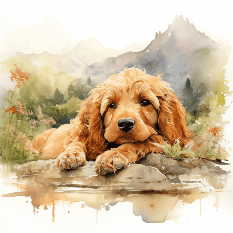 Goldendoodle lying watercolour copyright sigsigmundo