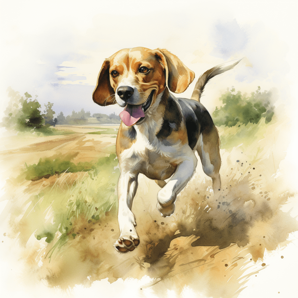 Beagle running in a watercolour setting copyright sigsigmundo