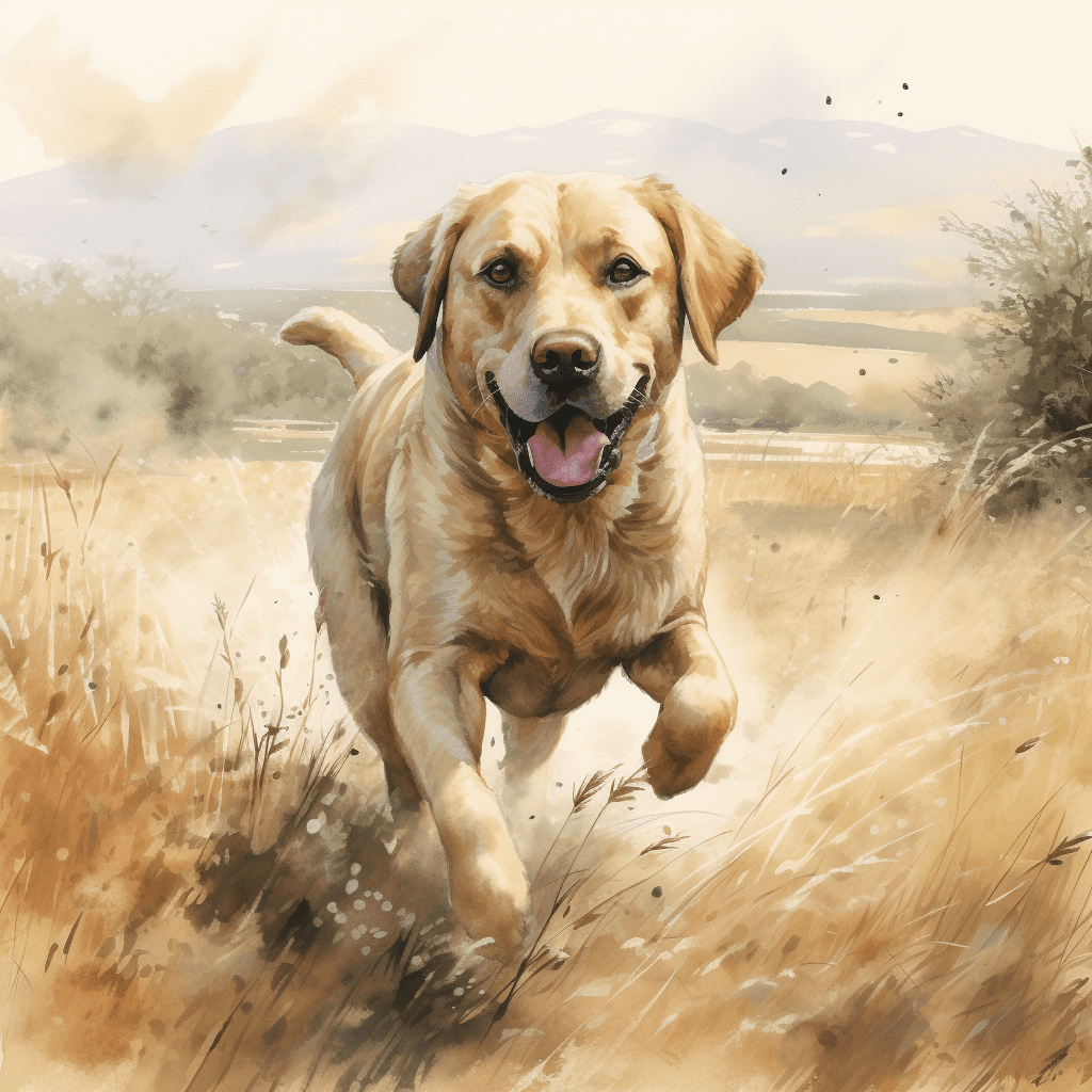 Labrador running intricate detail countryside watercolour copyright sigsigmundo